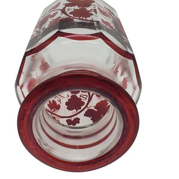 Antique Glass Panel Apothecary Jar Ruby Red Flash Grape Vine Leaf Clear Dome Lid - Picture 3 of 14